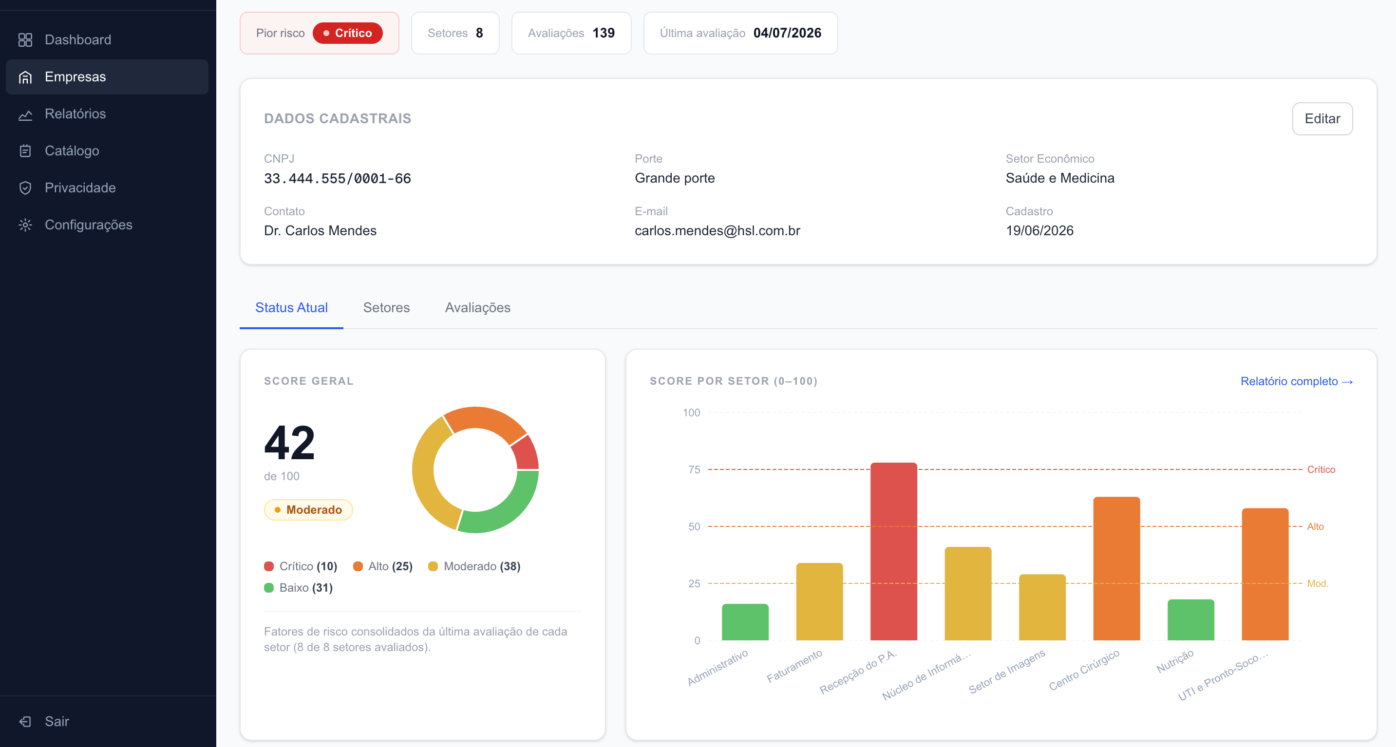 Visão da empresa com score por setor